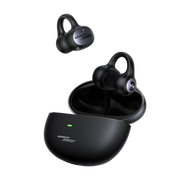 Black wireless earbuds with charging case on a white background, featuring Bose branding.