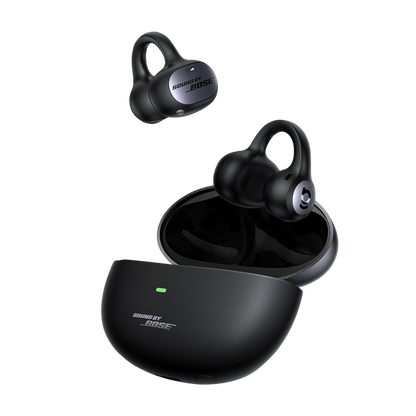 Black wireless earbuds with charging case on a white background, featuring Bose branding.