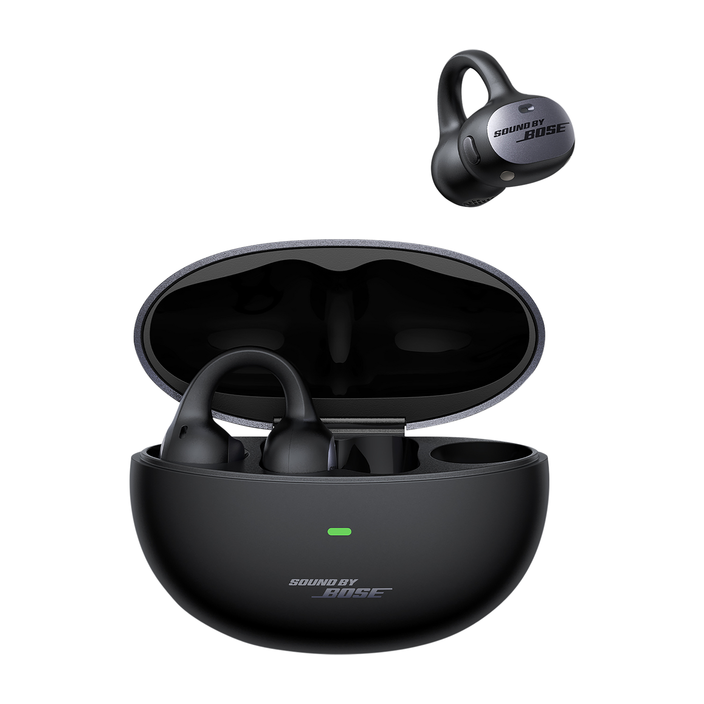 Black Bose wireless earbuds with charging case on a white background
