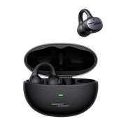 Black Bose wireless earbuds with charging case on a white background