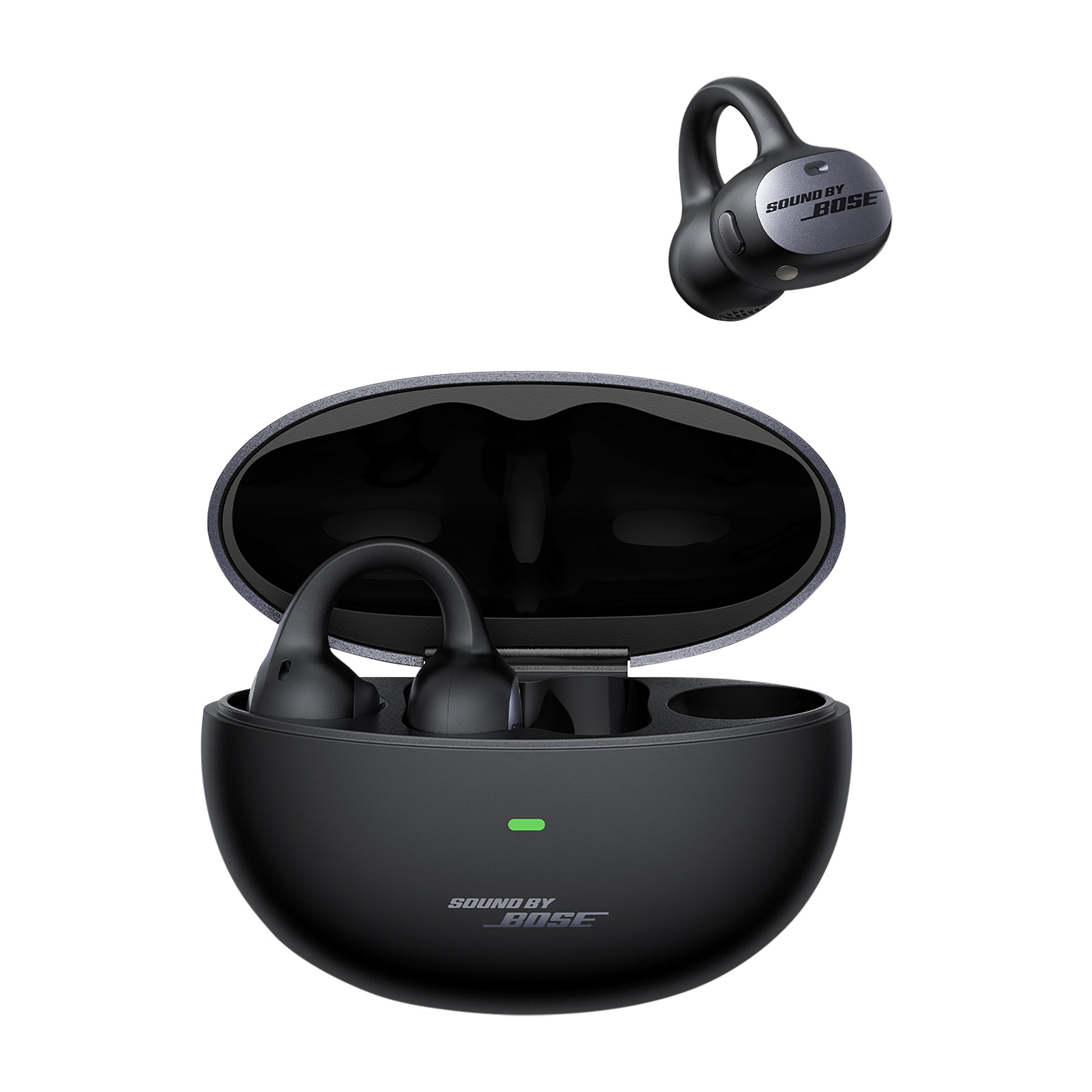 Black Bose wireless earbuds with charging case on a white background