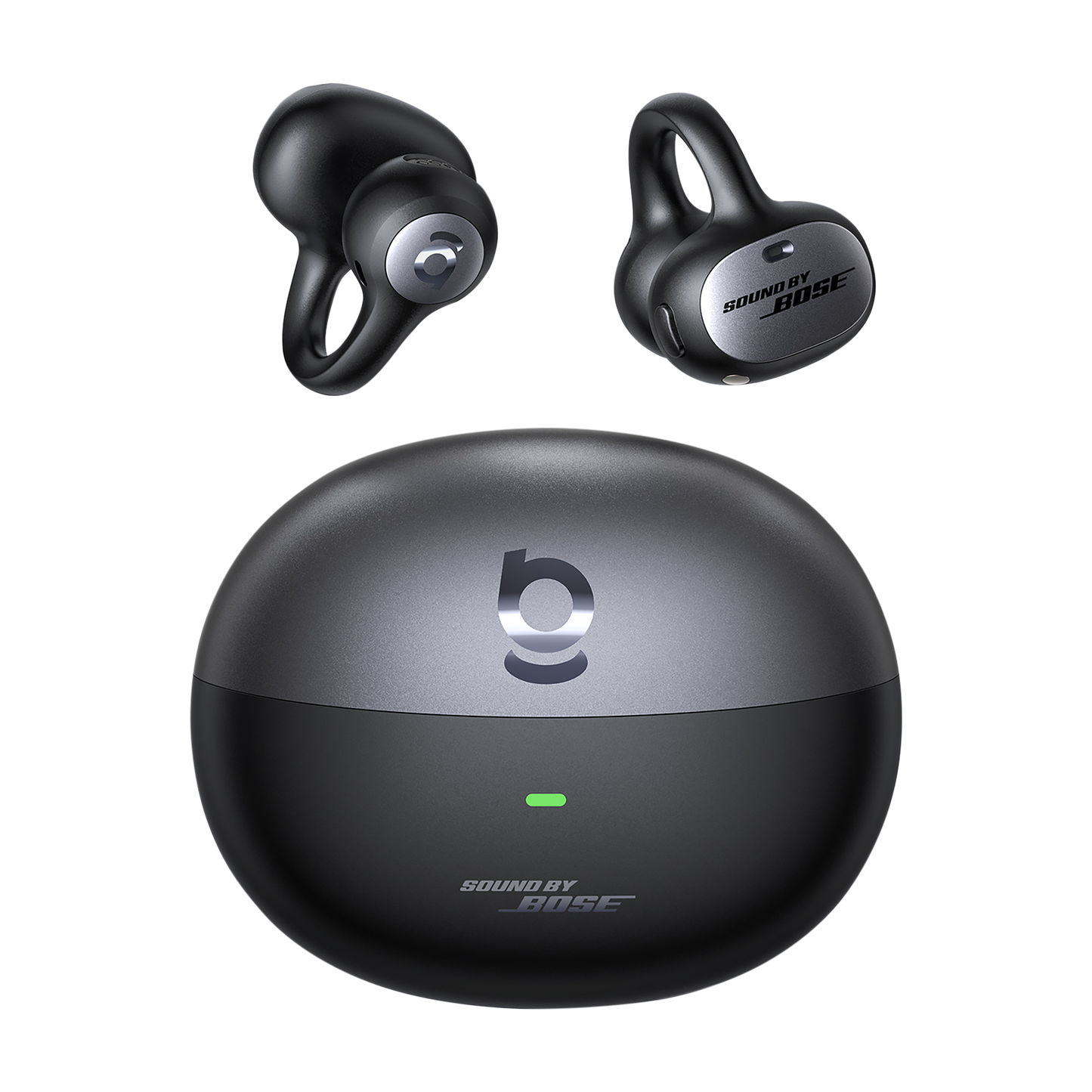 Bose wireless earbuds with charging case on a white background