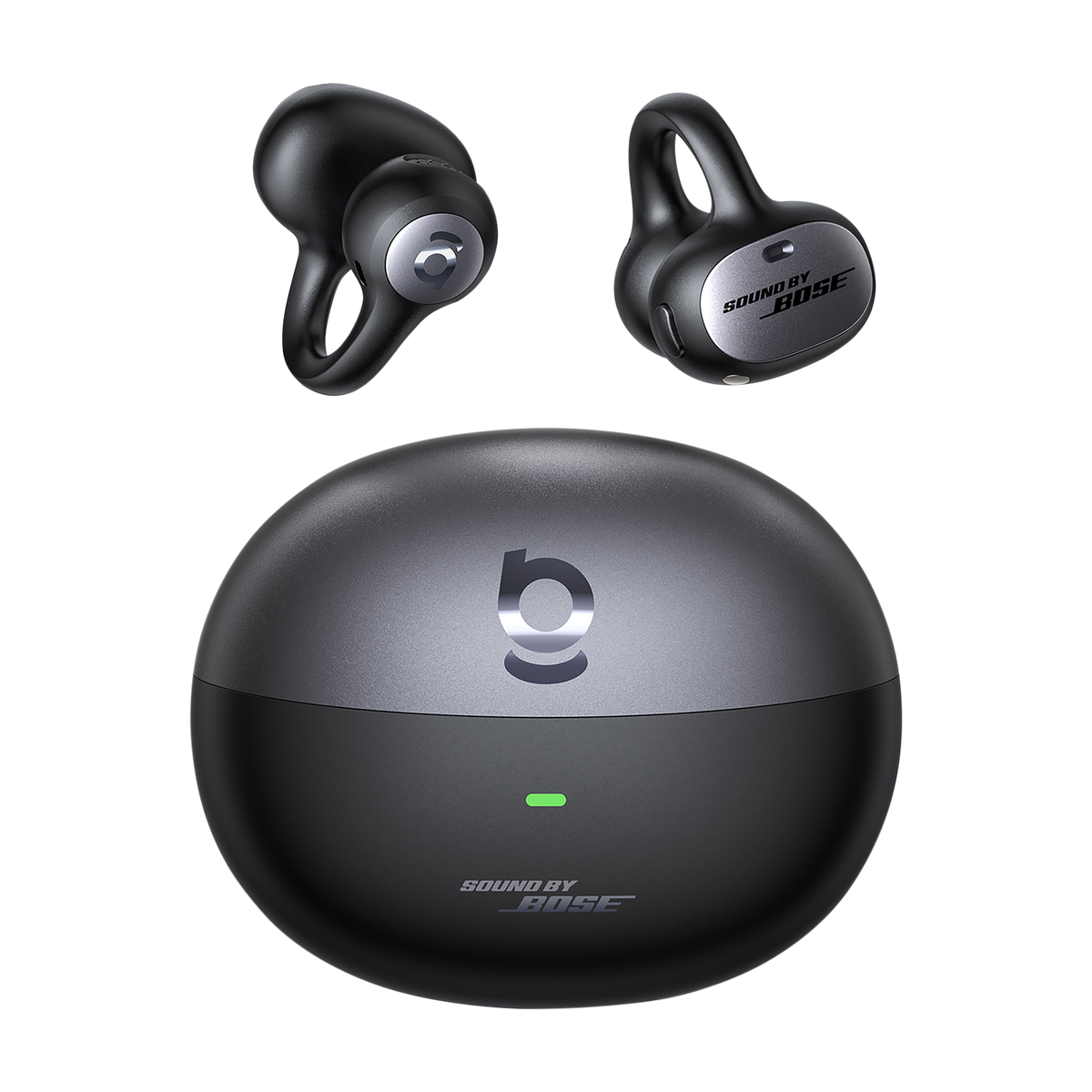 Bose wireless earbuds with charging case on a white background