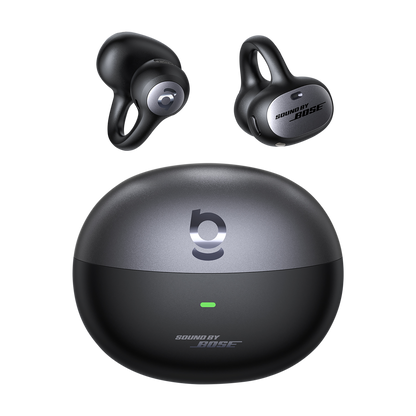 Bose wireless earbuds with charging case on a white background