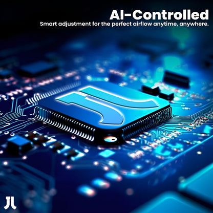 Close-up of a circuit board with electronic components and text about AI-controlled airflow.