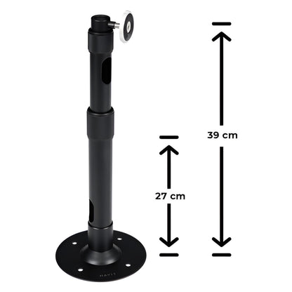 Black adjustable stand with measurements on a white background