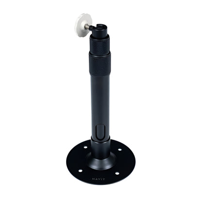 Black adjustable stand with a white wheel on a white background