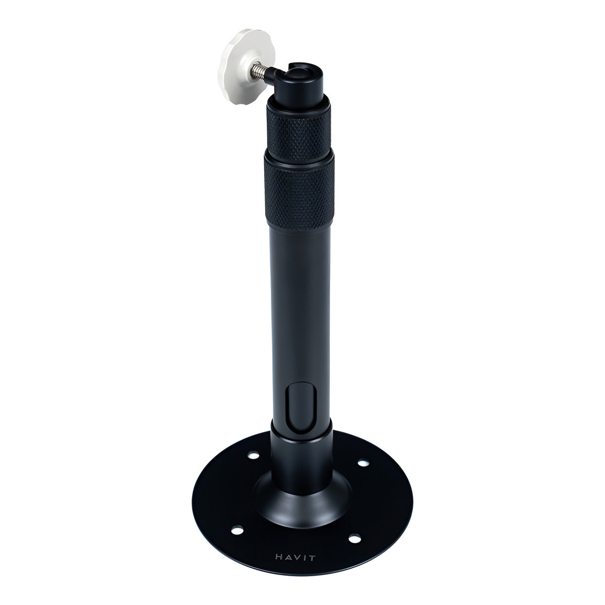 Black adjustable stand with a white wheel on a white background