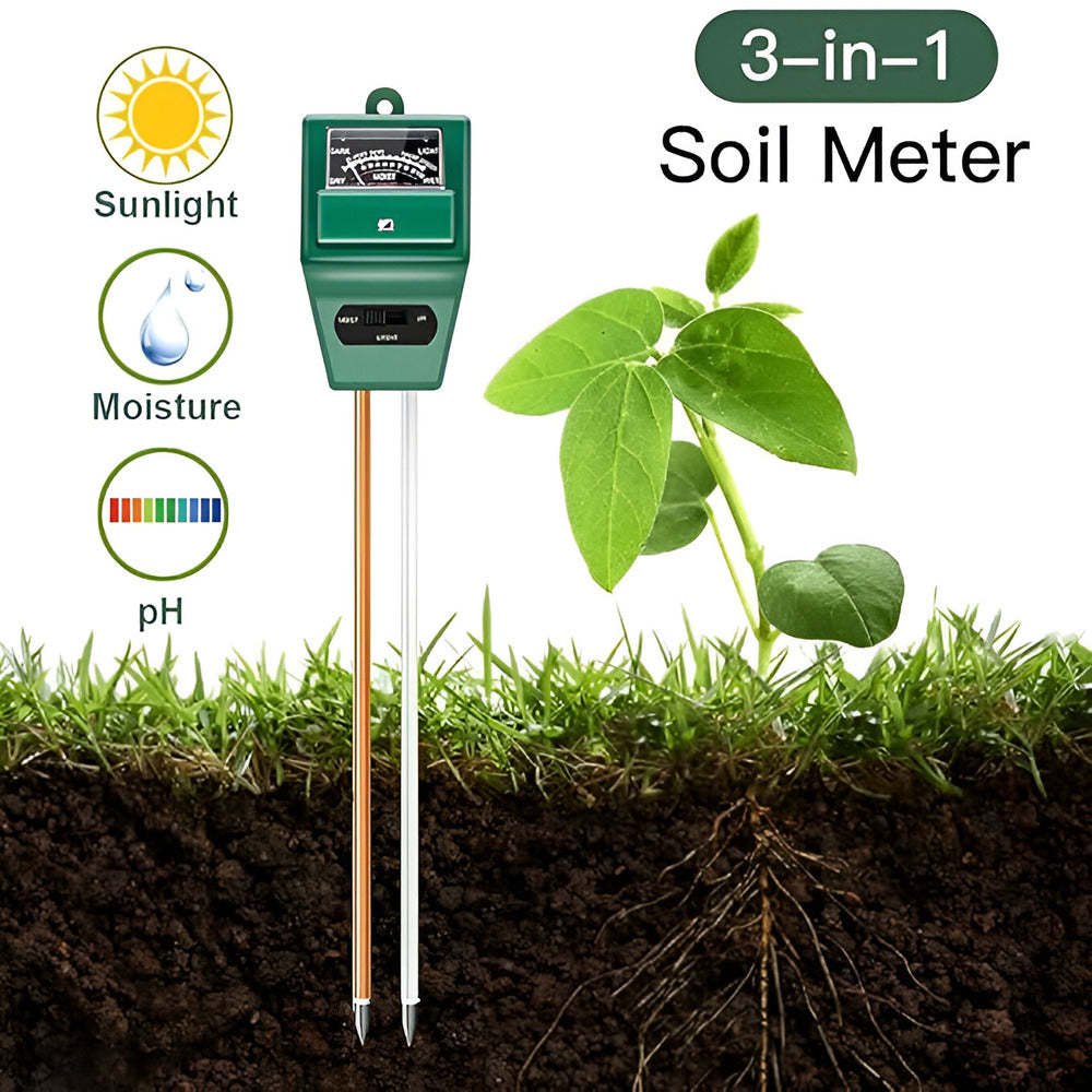 3-in-1 soil meter with sunlight, moisture, and pH indicators next to a plant and soil???