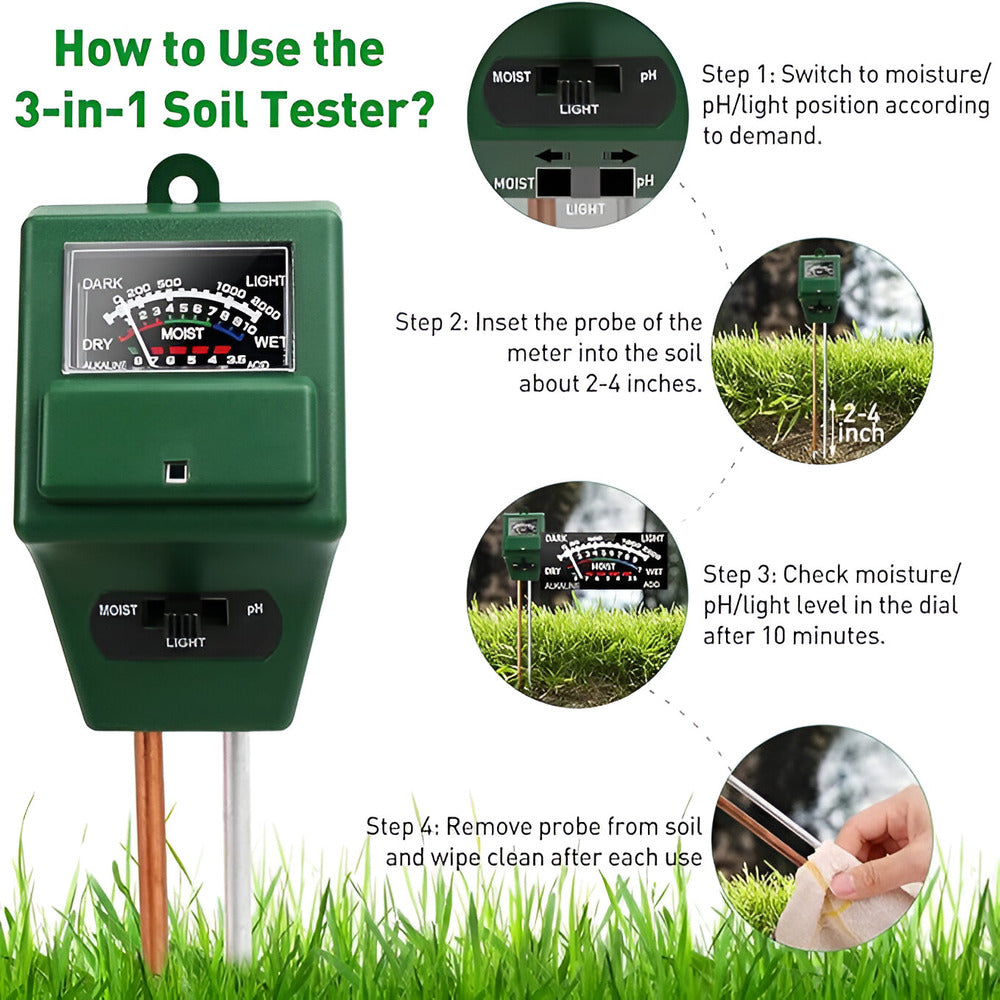 3-in-1 soil tester with usage instructions on a grassy background