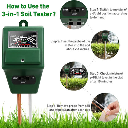 3-in-1 soil tester with usage instructions on a grassy background