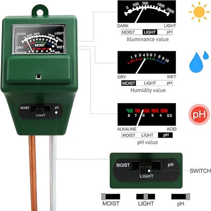 Green soil tester with measurement indicators on a white background