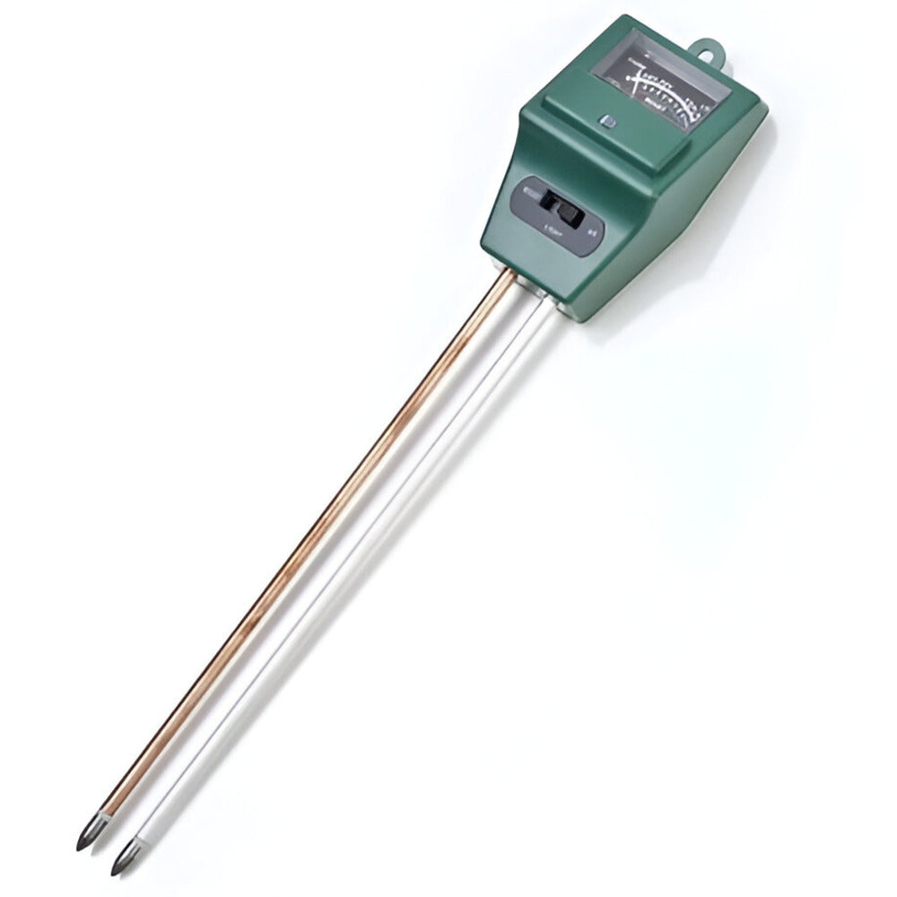 Green soil moisture meter with two probes on a white background