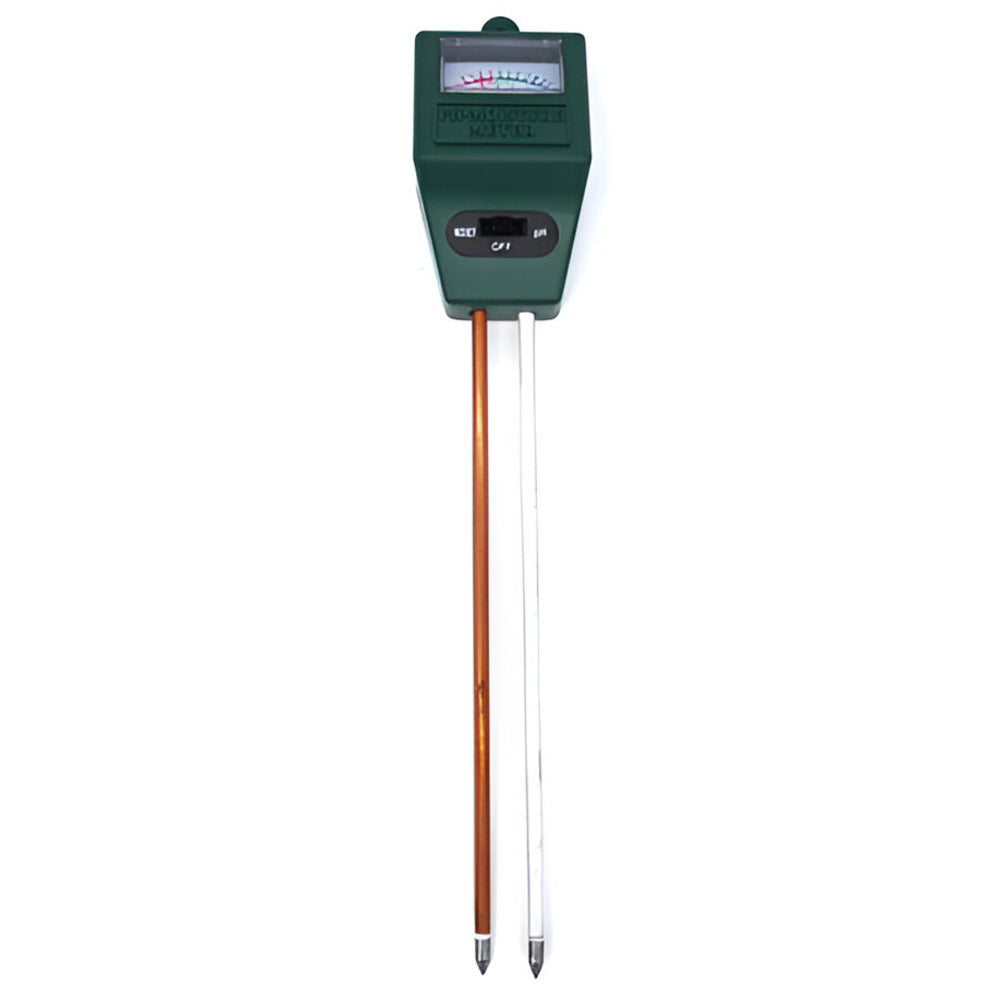 Green soil pH meter with two probes on a white background