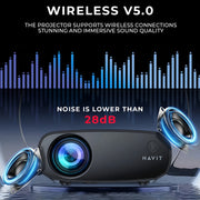 Havit projector with wireless V5.0 support and sound quality features on a dark background