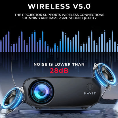 Havit projector with wireless V5.0 support and sound quality features on a dark background