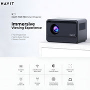 Havit PJ211 Pro smart projector on a white background with features listed.