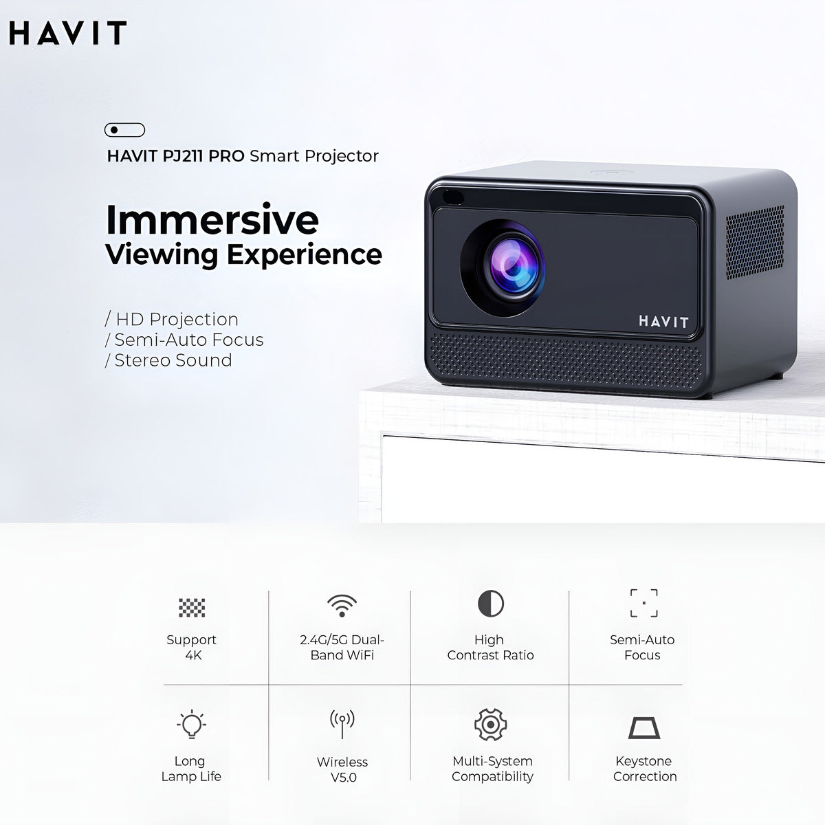 Havit PJ211 Pro smart projector on a white background with features listed.