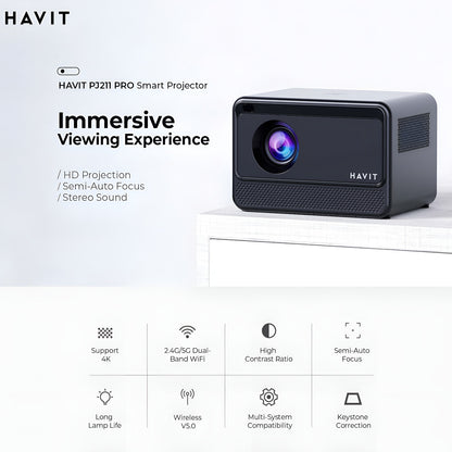 Havit PJ211 Pro smart projector on a white background with features listed.