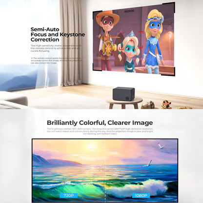 Smart TV displaying animated characters and a scenic view with text about focus and image quality.