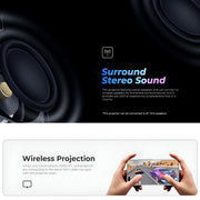 Advertisement for a projector with surround stereo sound and wireless projection features.