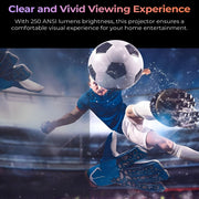 Soccer player in action with a clear and vivid viewing experience text overlay