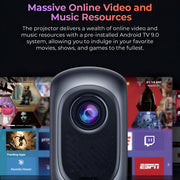 Projector with screen displaying Android TV interface and online resources.