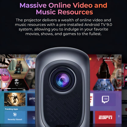Projector with screen displaying Android TV interface and online resources.