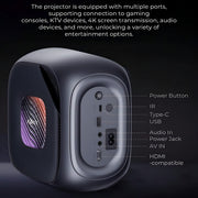 Projector with multiple ports on a dark background