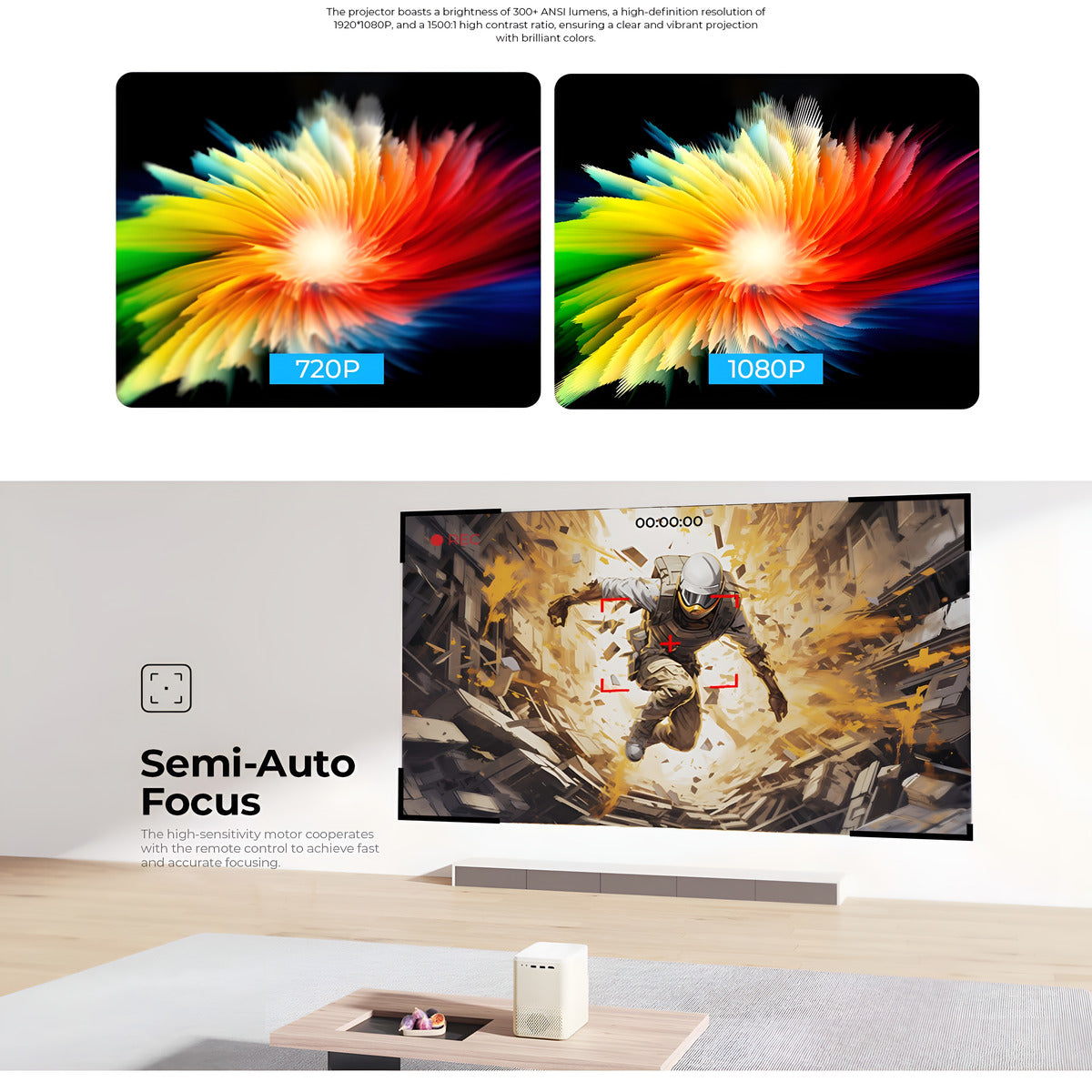 Smart TV displaying semi-auto focus feature with colorful abstract patterns and a gaming scene.