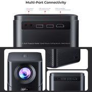 Black projector with multiple ports and connectivity options on a white background