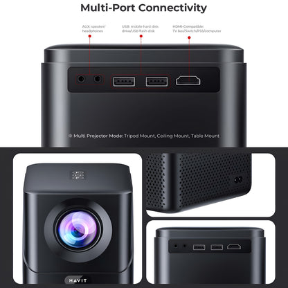 Black projector with multiple ports and connectivity options on a white background