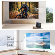 Large screen displaying a cyclist in a forest with Keystone Correction text, showing a beach scene below.