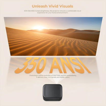 Projector with desert landscape display and '350 ANSI' text on a beige background