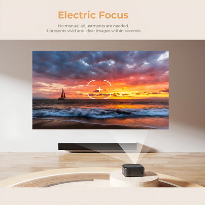 Television displaying a sunset scene with a sailboat, placed on a wooden stand.