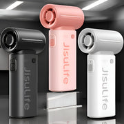 Jisulife Life9 Handheld Fan 3600mAh High Speed Portable Three Jisulife massage guns in pink, black, and white on a reflective surface.