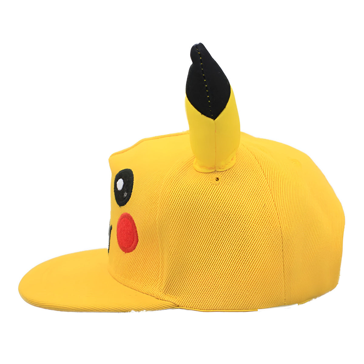 A yellow Pikachu-themed cap with ears on the sides, featuring embroidered details and a curved brim.
