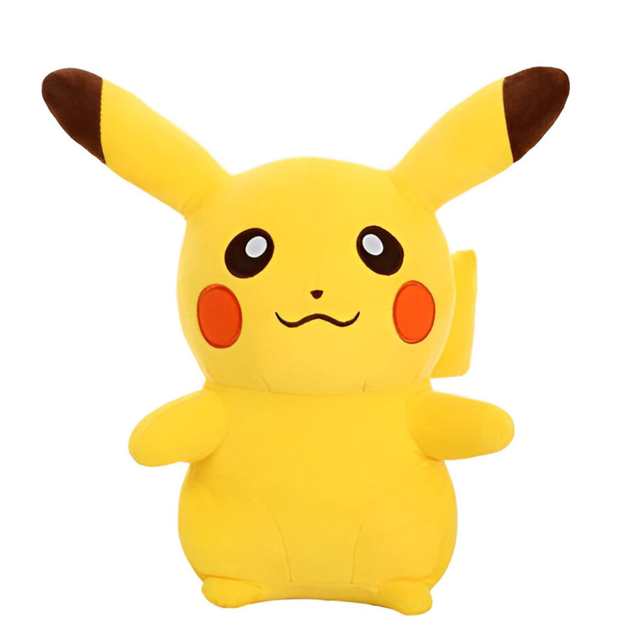 A large, soft plushie of the Pokémon Pikachu with bright yellow fur, rosy cheeks, and a lightning bolt-shaped tail.
