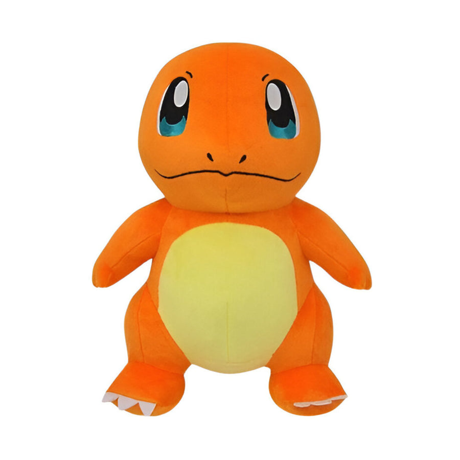 A plush toy of the Pokemon Charmander in chibi style, featuring an orange body, sparkling blue eyes, and a cheerful expression.