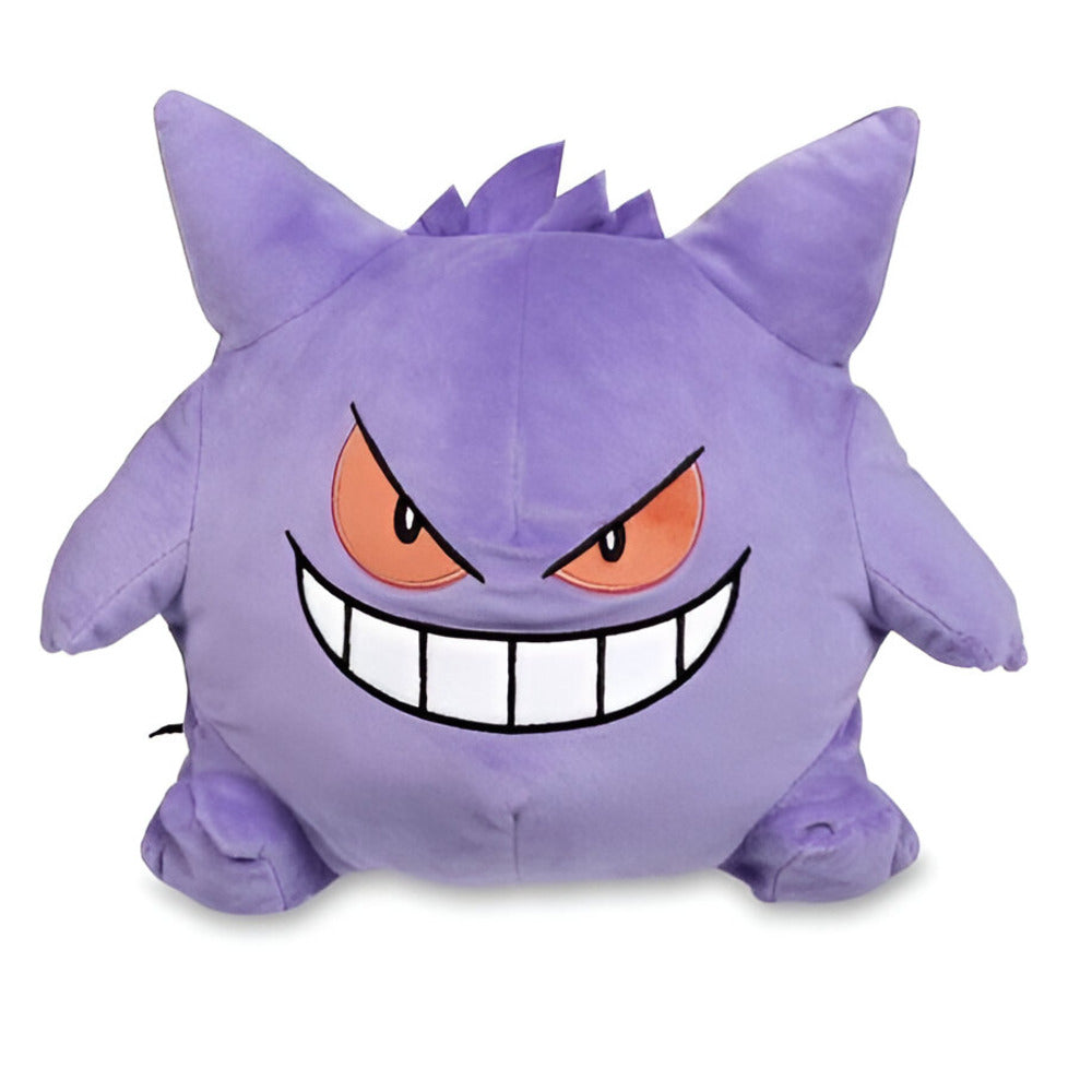 A plush doll backpack featuring the Pokémon character Gengar with a small compartment and adjustable straps.