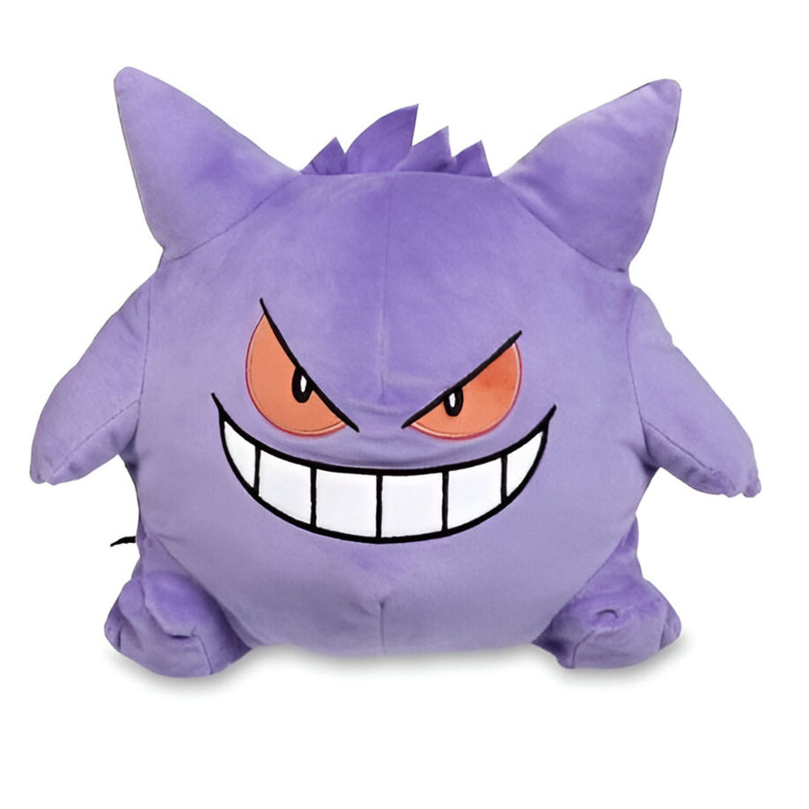 A plush doll backpack featuring the Pokémon character Gengar with a small compartment and adjustable straps.