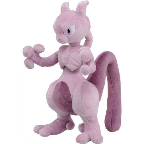 A soft plush toy of the Pokémon Mewtwo in a pink color with a white and pink accent on its neck.