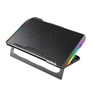 An adjustable ergonomic laptop cooling stand with RGB lighting and additional USB ports.