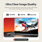 Rokid AR Spatial AR Glasses (215" Virtual Screen, 120Hz, USB‑C, Myopia Adjustment) Advertisement for ultra clear image quality with a superhero character on a screen.