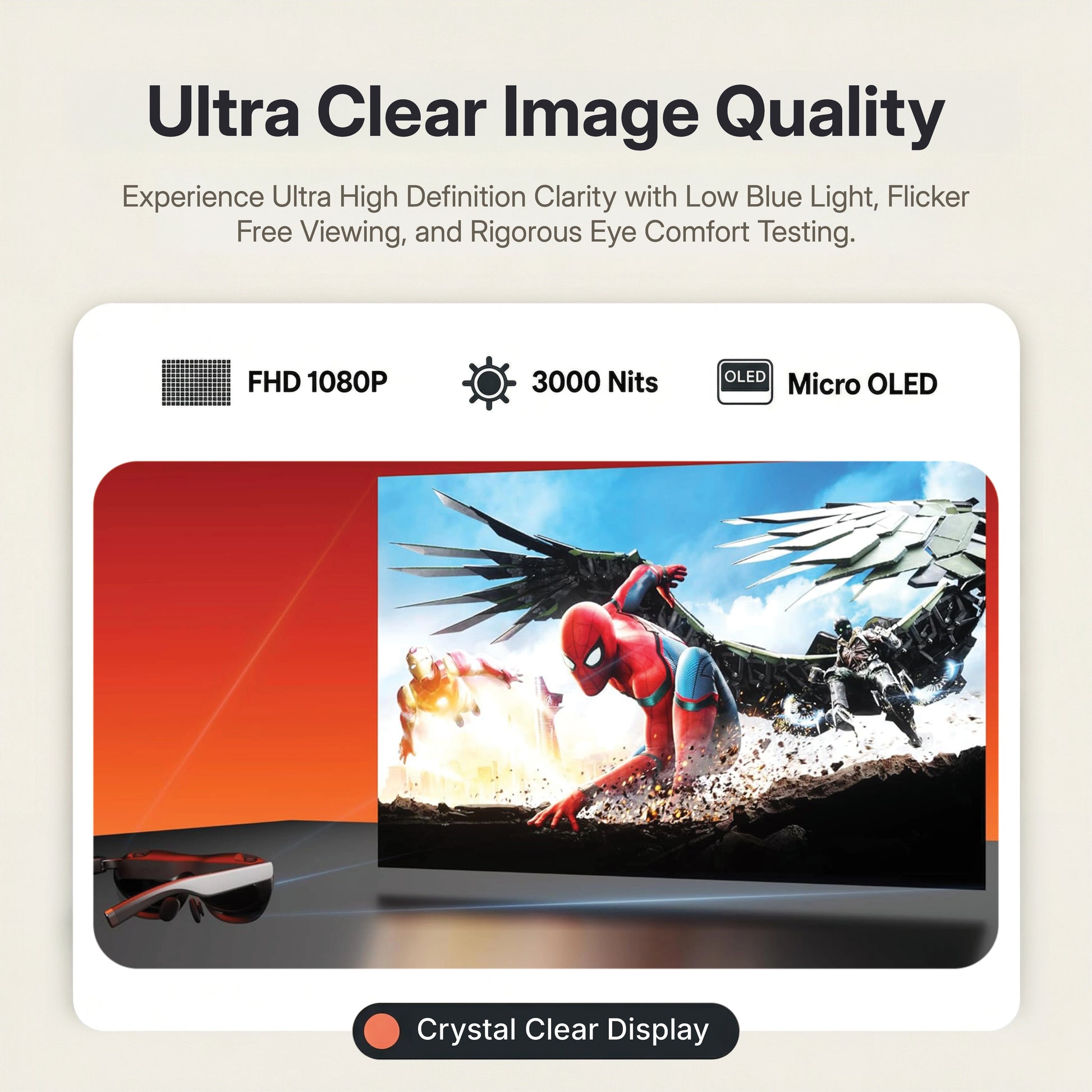 Rokid AR Spatial AR Glasses (215" Virtual Screen, 120Hz, USB‑C, Myopia Adjustment) Advertisement for ultra clear image quality with a superhero character on a screen.
