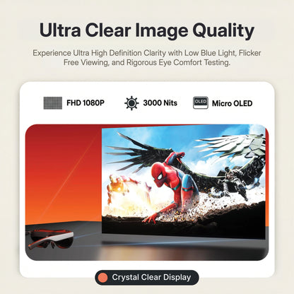 Rokid AR Spatial AR Glasses (215" Virtual Screen, 120Hz, USB‑C, Myopia Adjustment) Advertisement for ultra clear image quality with a superhero character on a screen.