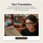 Rokid AI Glasses (12MP POV Camera, Dual‑Eye AR Display, 89‑Language Translation) Woman using text translation glasses in a restaurant setting with text 'Text Translation' and description.