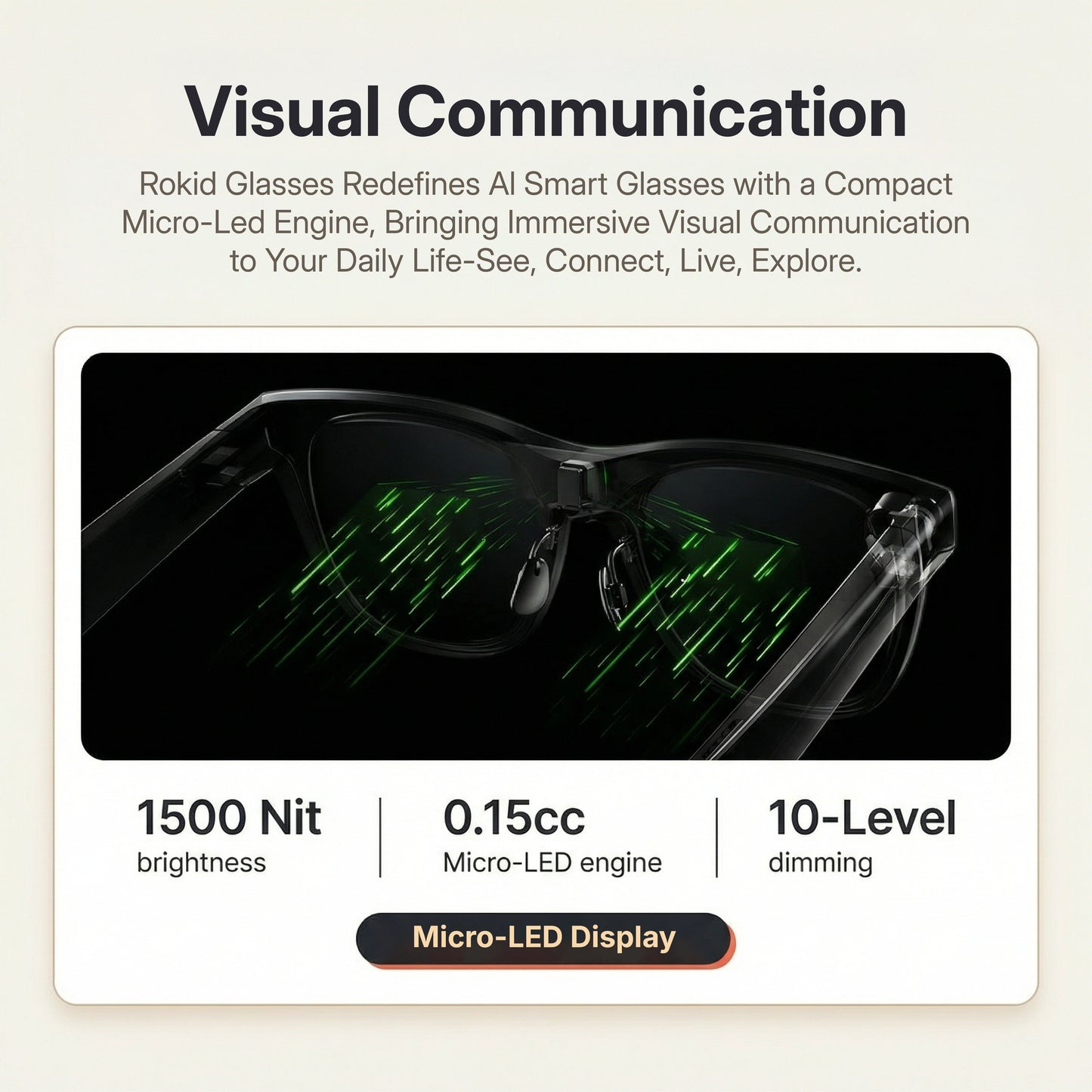 Rokid AI Glasses (12MP POV Camera, Dual‑Eye AR Display, 89‑Language Translation) Advertisement for Rokid Glasses with product features on a beige background