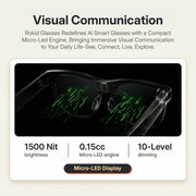 Rokid AI Glasses (12MP POV Camera, Dual‑Eye AR Display, 89‑Language Translation) Advertisement for Rokid Glasses with product features on a beige background