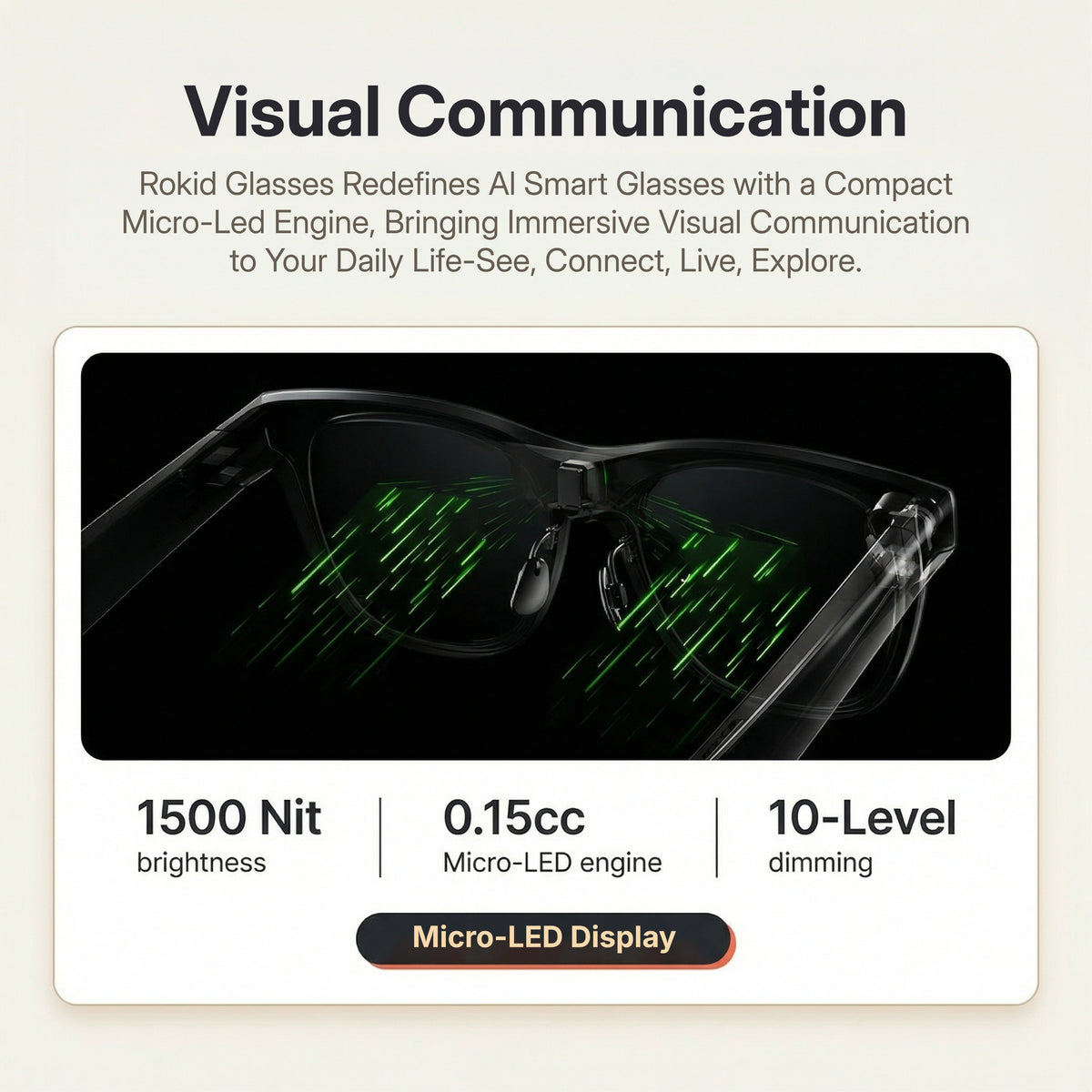 Rokid AI Glasses (12MP POV Camera, Dual‑Eye AR Display, 89‑Language Translation) Advertisement for Rokid Glasses with product features on a beige background